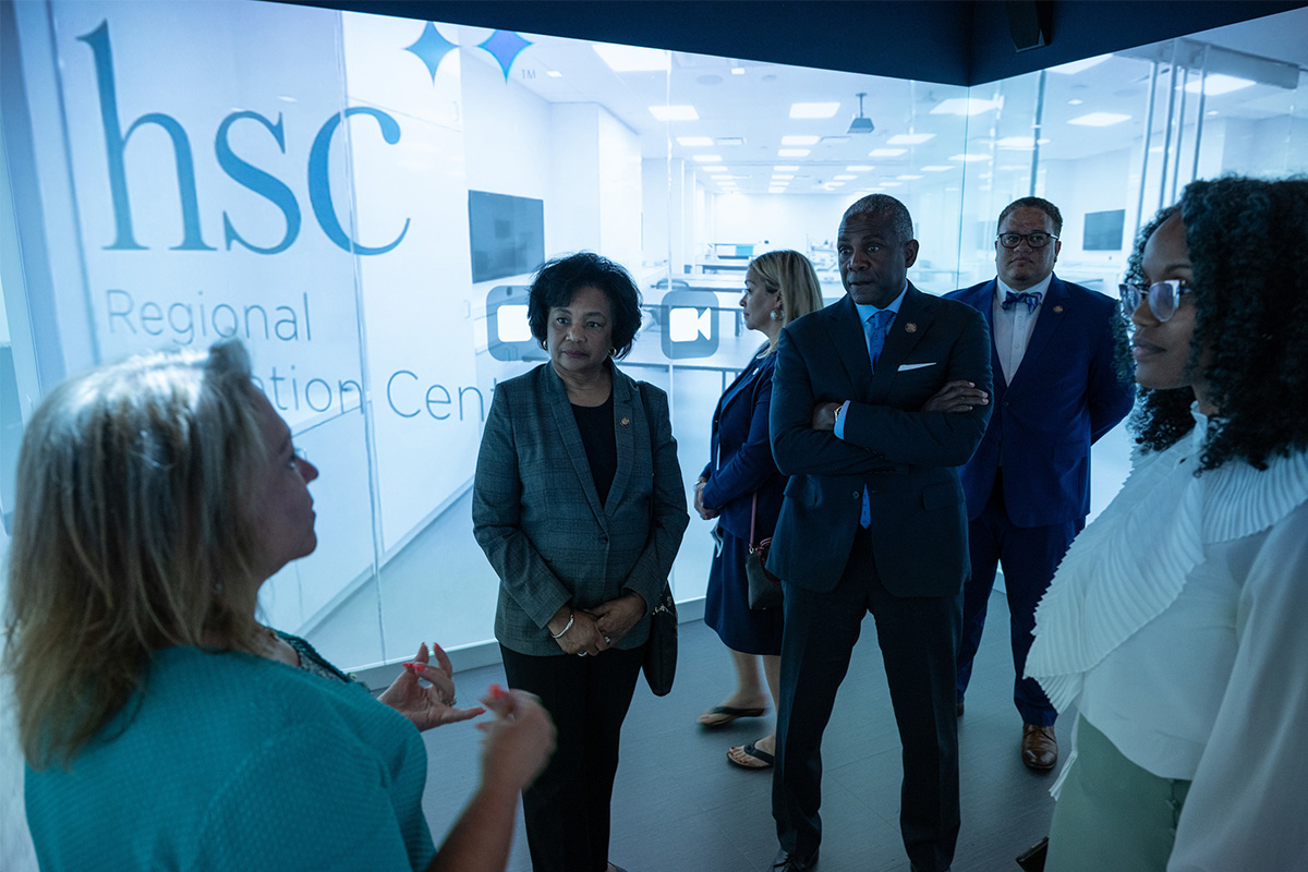 Hampton University leaders tour the HSC Regional Simulation Center.