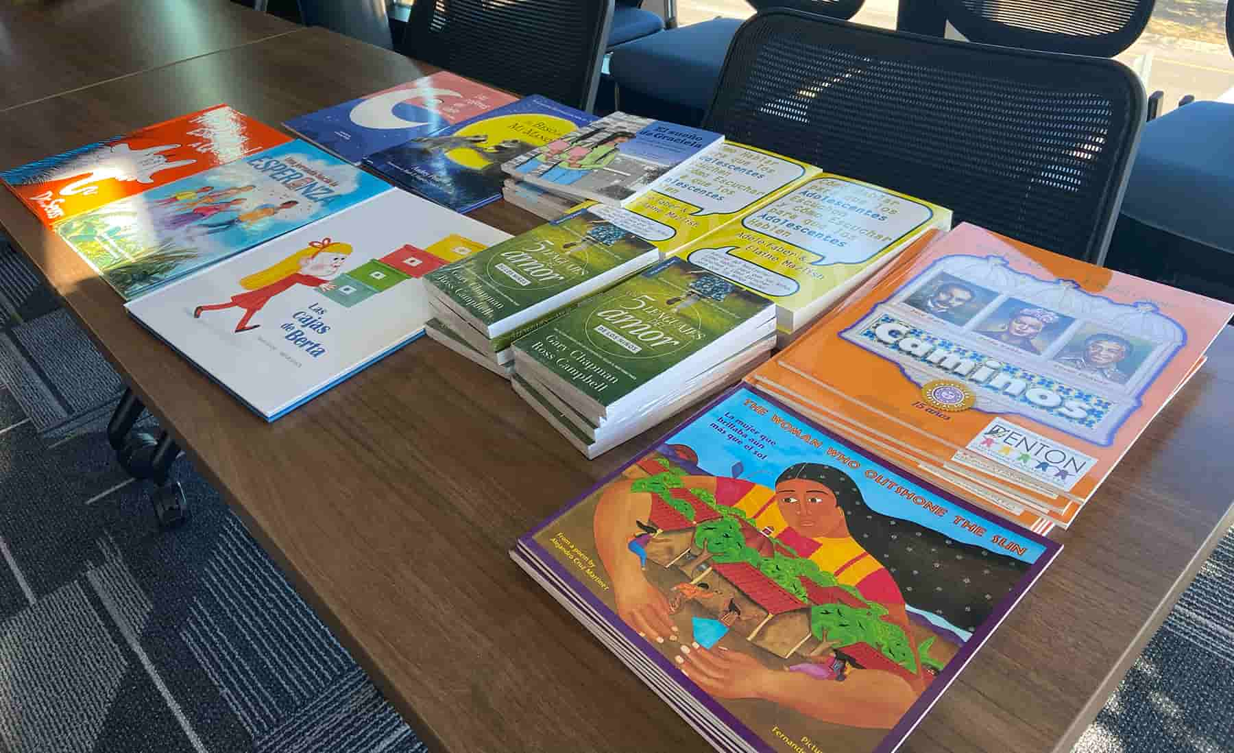 A selection of bilingual books provided to Bilingual Homework Hotline volunteers by Denton ISD