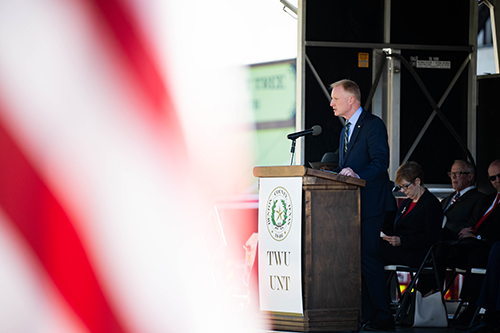 UNT President Harrison Keller at the Veterans Day ceremony