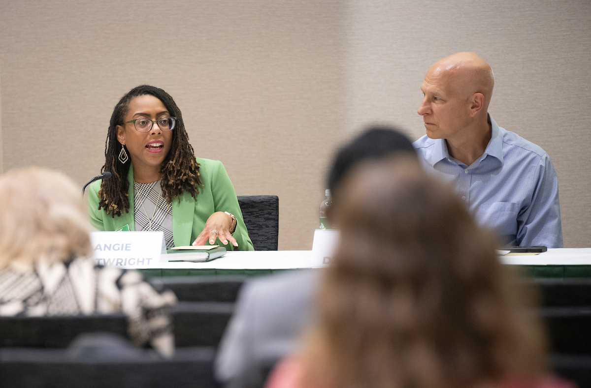 Dr. Angie D. Cartwright from the UNT's College of Education speaking during a research day panel