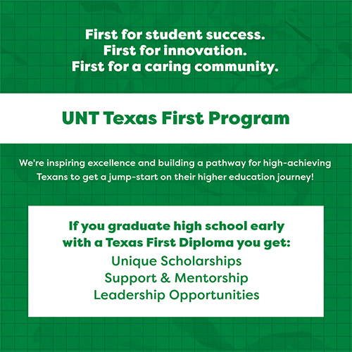 Infographic with green background and white text boxes, containing information for Texas First Program