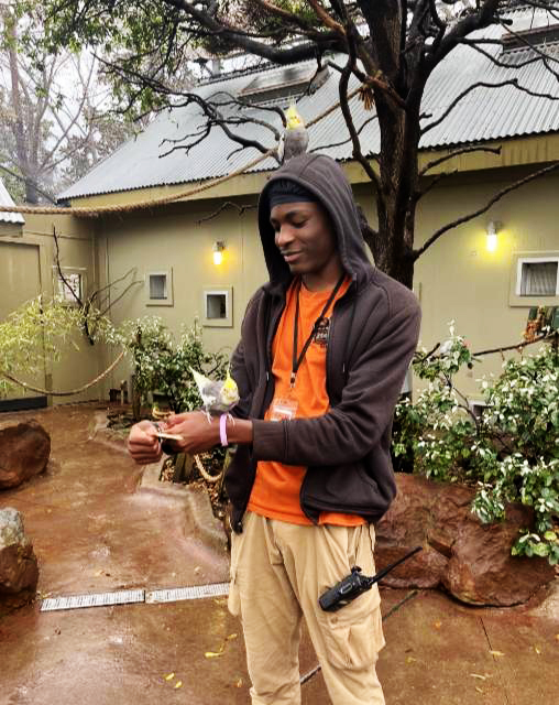 Dalon Moore Holds One Bird While Another Perches Itself on His Head at the Dallas Zoo 