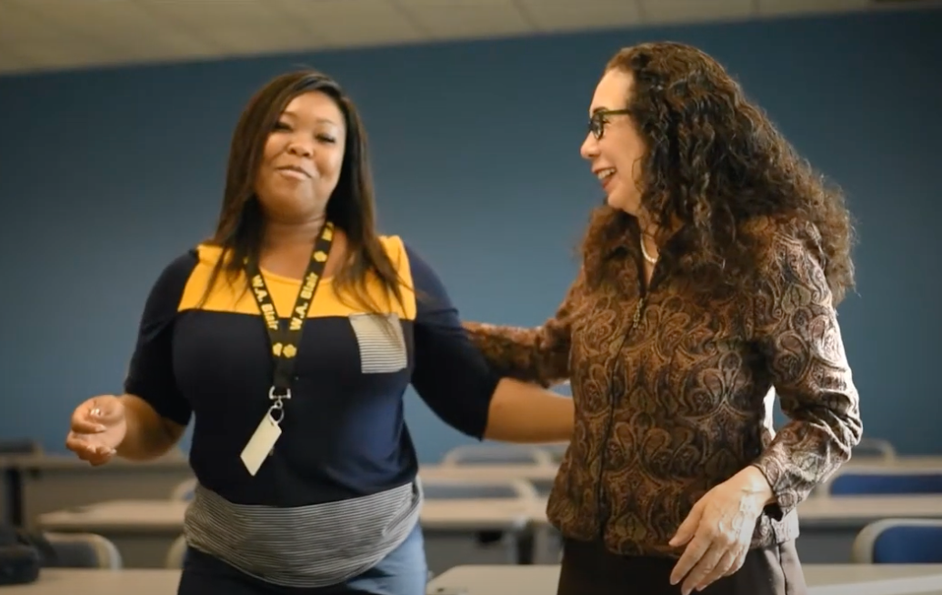 Dr. Janecek with Nila Miller, a UNT Dallas Master's Degree Recipient who is now a Dallas ISD teacher, from a 2016 Video 