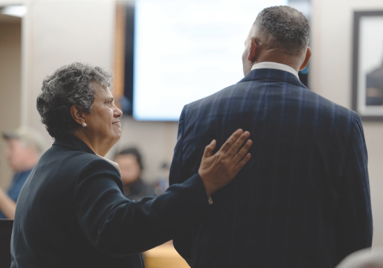  Professor Cheryl Wattley Comforting Ben Spencer During His Exoneration Hearing on August 29, 2024 (Courtesy: Dallas Morning News) Professor Cheryl Wattley Comforting Ben Spencer During His Exoneration Hearing on August 29, 2024 (Courtesy: Dallas Morning News)